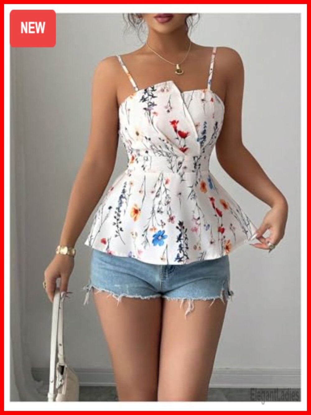 Boho Floral Sleeveless Peplum Camisole Top with Smocked Back Ruffles - Picture 5 of 5